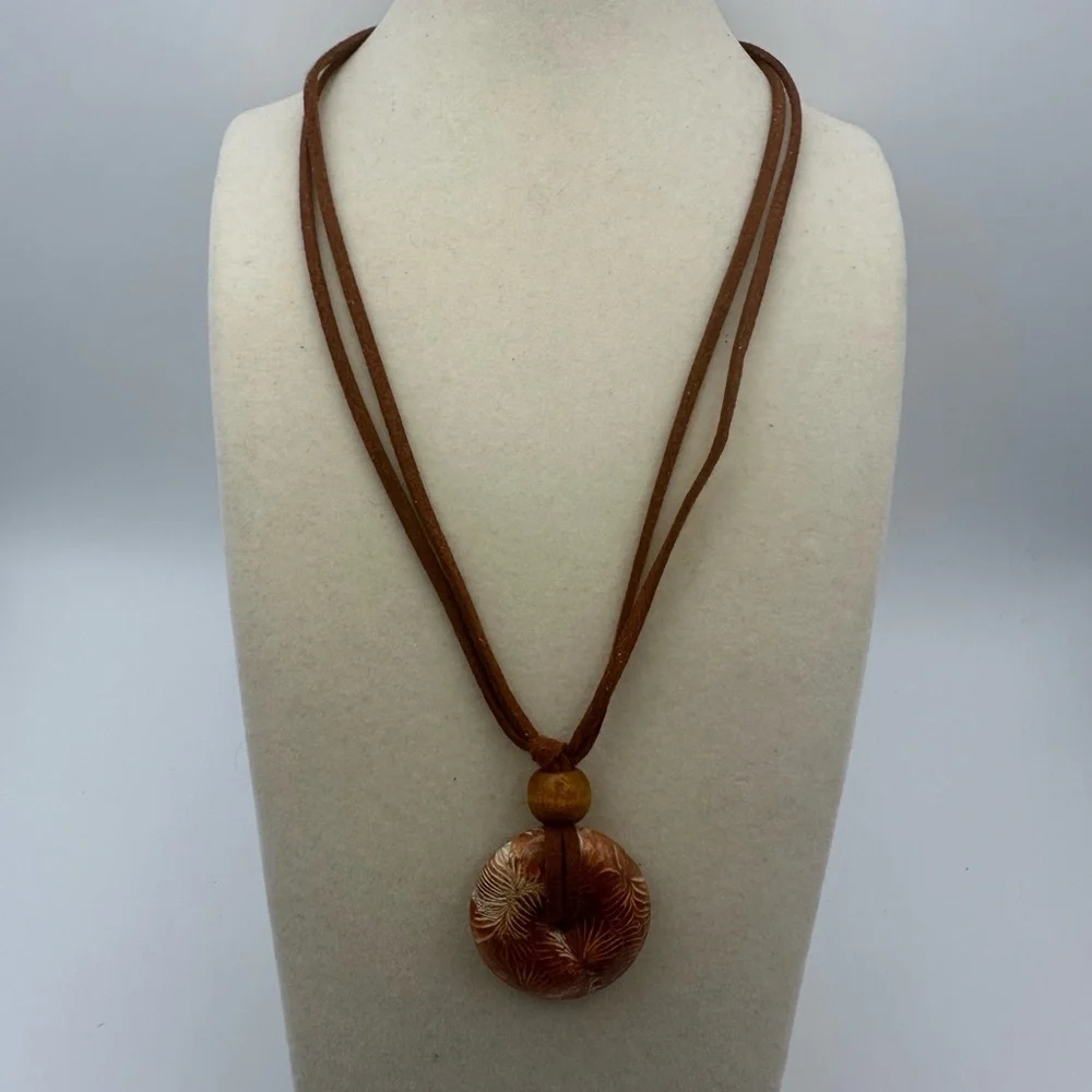 Coral Fossil Jade Donut Pendant Necklace - Picture 5 of 10
